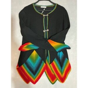 Hobbywool Handmade Rainbow Chevron Handkerchief Hem Cardigan Black Clasps